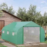 Outsunny Walk-in Polytunnel Garden Greenhouse, Outdoor Mesh Door Greenhouse with PE Cover and 6 Windows, 4.5 x 3 x 2m, Green(m-12)