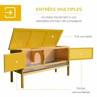 PawHut Cage lapin clapier lapin extérieur 2 portes bac coulissant pieds surélevés en bois massif 115 x 44,3 x 65 cm jaune clair(m-7)