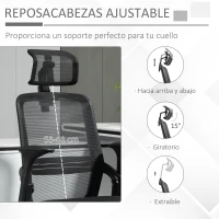 Vinsetto Silla de Oficina Ergonómica Silla de Malla con Altura Ajustable Reposacabezas Soporte Lumbar Regulables y Respaldo Transpirable 63,5x64,5x113-122 cm Negro(m-6)