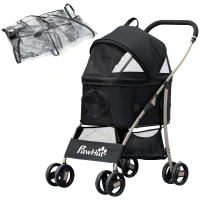 PawHut Detachable Pet Stroller with Rain Cover, 3 In 1 Cat Dog Pushchair, Foldable Carrying Bag w/ Universal Wheels, Brake, Canopy, Basket, Storage Bag for Small and Tiny Dogs - Black(m-11)
