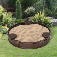 Outsunny Sand Pit Kids Outdoor Plastic Round Sandbox w/ Water-Resistant Oxford Cover Bottom Fabric Liner for 3-12 years Brown(m-10)