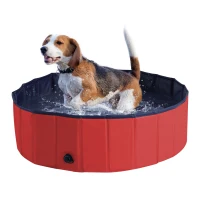 PawHut Dog Paddling Pool, Foldable Dog Pool, Leakproof & Hard Plastic, Portable Pet Bathtub with Non-Slip Base & Drainage Hole, for Indoors, Outdoors, Garden, Patio, 100 x 30 cm, Red(m-1)