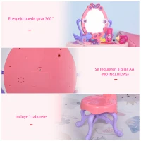 HOMCOM Tocador de Juguete para Niños +3 Años con  29 Piezas Taburete Función de Música Luces Centro de Belleza Infantil 49,5x23,5x69,5 cm Rosa(m-6)