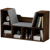 HOMCOM Bookcase Storage Shelf with Cushioned Reading Seat, Cube Bookshelf Organizer for Bedroom Living Room, Chestnut(m-11)