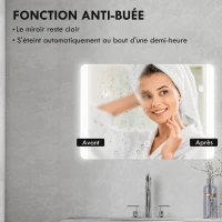 HOMCOM Miroir de salle de bain rectangulaire lumineux LED fonction anti-buée luminosité réglable 50 x 70 cm argent(m-6)