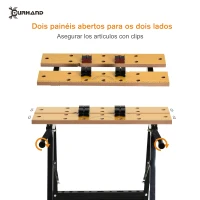DURHAND Banco de Trabajo Plegable Mesa de Trabajo Portátil con 4 Abrazaderas Agujeros para Sierra Uso Doméstico Carpintería Hierro MDF Soporta 70 kg 56x62x75 cm Natural Negro(m-7)