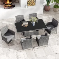 Outsunny 7-Piece Rattan Garden Furniture Set with Cushions, 6 Seater Garden Table and Chairs, Rattan Dining Set with 6 Armchairs, Rectangular Glass Top Table, Charcoal Grey(m-10)