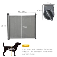 PawHut Barrière animaux rétractable automatique barrière de sécurité enroulable pour escaliers barrière extensible opération à une main dim. 1,4L x 0,88H m aluminium maille PVC gris(m-3)