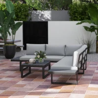 Outsunny 4 Pieces Garden Furniture Set, 5-Level Reclining Garden Corner Sofa Set, Outdoor Lounge Conversation Sectional with Cushions, Wood Effect Plastic Table, Black Frame & Light Grey Cushion(m-9)