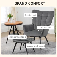HOMCOM Fauteuil relax avec repose-pieds assorti style scandinave piètement métal noir revêtement aspect velours - gris(m-4)