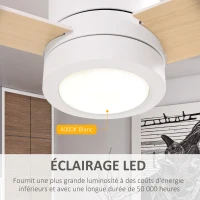 HOMCOM Ventilateur de plafond 2 en 1 avec lumière LED 3 vitesses silencieux - télécommande - diamètre 112 cm, naturel et blanc(m-5)