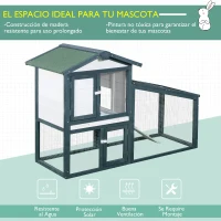 PawHut Conejera de Madera Exterior Jaula para Conejos de 2 Niveles con Bandeja Extraíble y Múltiples Entradas Techo de Asfalto Cobayas Gallinas 140x65x100 cm Verde(m-6)
