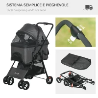 PawHut Passeggino per Cani 3 in 1 Convertibile in Borsa e Trasportino con Guinzaglio e Cuscino, Grigio(m-6)