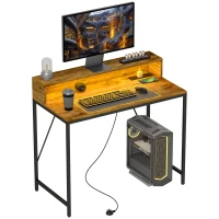 HOMCOM 100cm Computer Desk with LED Lights and Power Outlets, Gaming Desk with Monitor Stand, Computer Table with Remote for Home Office Study, Rustic Brown(m-1)