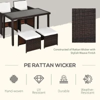 Outsunny 2 Seater Rattan Cube Garden Furniture Set, Rattan Dining Set with Cushions, Outdoor Dining Table and Chairs with 2 Armchairs, 2 Stools, Rectangular Glass Top Table for Patio, Balcony, Brown(m-4)