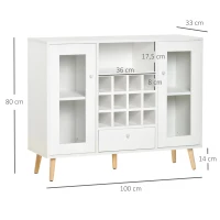 HOMCOM Aparador de Cocina con Botellero Cajón Estante Abierto y 2 Armarios con Puertas de Cristal 100x33x80 cm Blanco(m-3)