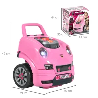 HOMCOM Juego Infantil de Motor con Herramientas 61 Piezas Volante Bocina Faros Caja de Almacenaje y Ruedas 40x39x47 cm Rosa(m-3)