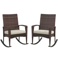 Outsunny Outdoor PE Rattan Rocking Chair Set of 2, Garden Rocking Chair Set with Armrest and Cushion, Brown(m-11)