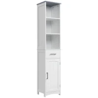 kleankin Tall Bathroom Storage Cabinet with 3 Tier Shelf, Cupboard, Drawer, Door, Freestanding Linen Tower, Slim Side Organizer, White(m-1)
