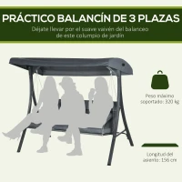 Outsunny Balancín para Exterior Columpio de Jardín de 3 Plazas con Toldo Ajustable y Cojines Decorativos 202x115x168 cm Gris(m-4)