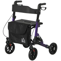 HOMCOM Folding Rollator Walker with Seat, Backrest, Lightweight Walking Frame with Storage Bag, Dual Brakes, Adjustable Handle Height, Suspension System, 4 Wheeled Walker for Seniors, Purple(m-11)