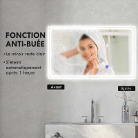 kleankin Miroir de salle de bain rectangulaire mural lumineux LED horizontal ou vertical, 100 x 60 cm(m-6)