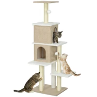 PawHut Árbol Rascador para Gatos de Borreguito de 140 cm con 2 Cuevas Plataformas Bolas Colgantes y Poste de Sisal Marrón Claro(m-10)