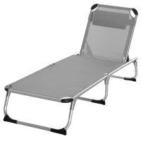 Outsunny Foldable Reclining Sun Lounger Lounge Chair Camping Bed Cot w/ Pillow 4-Level Adjustable Back Aluminium Frame Grey(m-11)