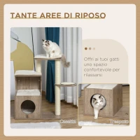 PawHut Albero Tiragraffi per Gatti Adulti, Castello per Gatti con Cuccia Casetta in Legno, Pali in Corda Sisal e Cuscini Rimovibili, Color caffè chiaro, 66x38x88cm(m-4)