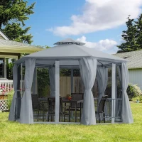 Outsunny 3 x 3(m) Hexagon Gazebo Patio Canopy Party Tent Outdoor Garden Shelter w/ 2 Tier Roof & Side Panel - Grey(m-11)