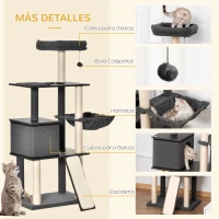 PawHut Árbol para Gatos Grande Altura 146 cm con Plataformas Cueva de Fieltro Extraíble Postes Rascadores de Sisal Hamaca Cojines Lavables Rampa y Bola de Juguete 60x40x146 cm Gris(m-5)