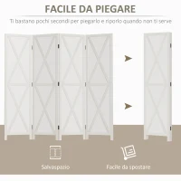 HOMCOM Paravento a 4 Ante per Interni, Divisorio in Legno per Camera e Ufficio, 182x170 cm, Bianco(m-4)