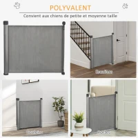 PawHut Barrière animaux rétractable automatique barrière de sécurité enroulable pour escaliers barrière extensible opération à une main dim. 1,4L x 0,88H m aluminium maille PVC gris(m-7)