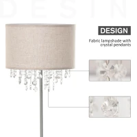 HOMCOM Modern Steel Floor Lamp with Crystal Pendant Fabric Lampshade Floor Switch, Home Style Standing Light for Living Room, Entrance, Office, 164CM, Silver and Cream White(m-4)