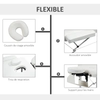 HOMCOM Table de massage 3 zones pliante cosmétique portable charge max. 225 Kg hauteur réglable cadre en alliage blanc(m-5)