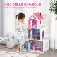 HOMCOM Casa delle Bambole in Legno a 3 Piani con Scale e Accessori per Bambini 3-6 Anni, 60x29x85cm, Rosa(m-7)