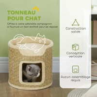 PawHut Tonneau à gratter pour chat, tonneau à chat, recouvert de peluche, capacité de 5 kg, Ø 38 x 37H cm kaki et beige(m-4)