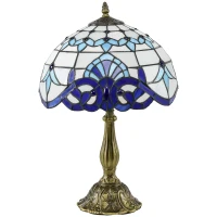 HOMCOM Stained Glass Table Lamp, Handmade Antique Bedside Lamp for Bedroom, Living room, Home, Nightstand, Decorative Night Light, Blue(m-11)