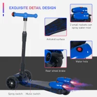 HOMCOM Kids Scooter, 3 Wheel Foldable Kick Scooter Adjustable Height w/ Flashing Wheels, Music, Water Spray for 3-6 Years, Blue(m-7)