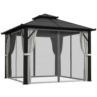 Outsunny 3 x 3(m) Hardtop Gazebo Canopy with UPF30+ Double Polycarbonate Roof, Aluminium Frame Garden Gazebo Permanent Pavilion with Mosquito Netting and Curtains for Patio, Deck, Grey(m-10)