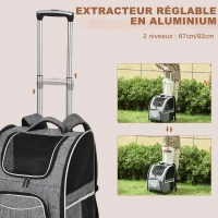 PawHut Sac de transport transporteur pour animaux 2 en 1 trolley chariot panier à roulette chariot sac à dos amovible respirable charge max. 10 kg tissu oxford gris(m-8)
