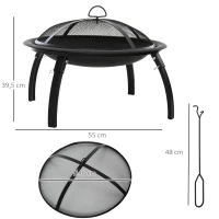 Outsunny Brasero Exterior Ø55 cm Chimenea Hoguera Portátil para Calefacción Barbacoa Terraza Patio Camping Jardín con Cubierta de Malla Atizador de Fuego Negro(m-3)