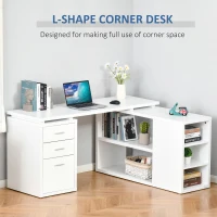 HOMCOM Reversible L-Shaped Computer Desk, Home Office Corner Desk, Study Workstation Table with Storage Shelves and Drawers for Letter Size, 150 x 120 x 74.5cm, White(m-4)