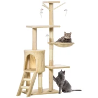 PawHut Multi-Level Cat Tree with Scratching Post, Ladder, Cat House, Beige(m-10)