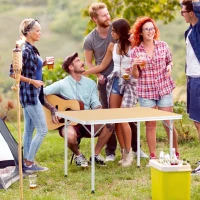 Outsunny Mesa de Camping Plegable Mesa de Picnic Portátil de Aluminio con Encimera de Madera 115x85x75 cm Natural(m-2)