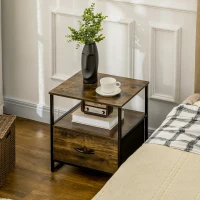 HOMCOM Mesita de Noche con 1 Cajón de Tela Plegable Mesa Auxiliar para Oficina Estudio 45x40x50,5 cm Marrón Rústico(m-2)