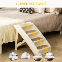 PawHut Foldable Four-Step Pet Stairs, for Cats, Small Miniature Dogs, with Non-Slip Mats 62 x 38 x 49.5cm - Beige(m-7)
