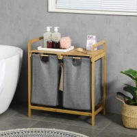 HOMCOM Cesto de Ropa Sucia de Bambú Cesto para la Colada con 2 Bolsas Extraíbles y Estante para Baño 63,5x33x73 cm Natural y Gris(m-2)