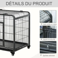 PawHut Cage pour chien pliable cage de transport sur roulettes 2 portes verrouillables plateau amovible dim. 94L x 58l x 69,5H cm métal gris noir(m-7)
