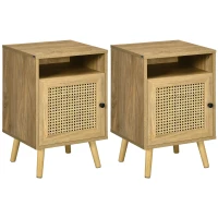HOMCOM Set 2 Comodini in Stile Boho con Armadietto e Ripiano Aperto, in Truciolato, Rattan e MDF, 39x35x60 cm(m-1)